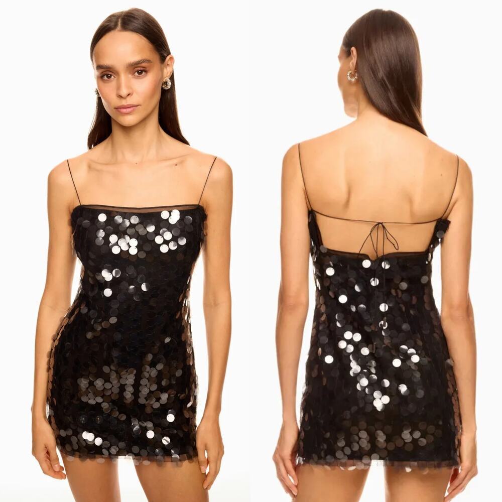 16ARLINGTON Fia Dress Sequined Sleeveless Square Neck Mini Slip Cocktail Black 8